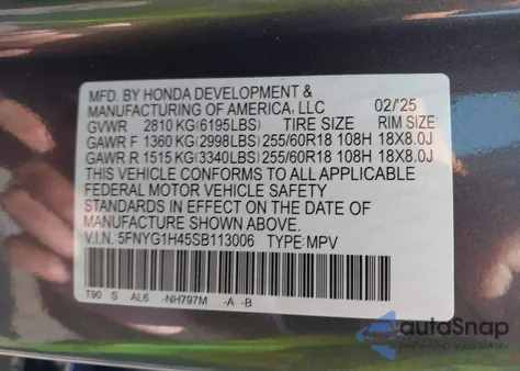 2025 Honda Pilot Ex-L из США, поврежденный, VIN 5FNYG1H45SB113006